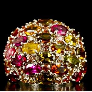 925 Sterling Silver Multi Gemstone Dome Ring. Size 7.5
